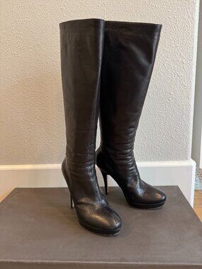 Black Italian leather platform heel tall boot, size 39